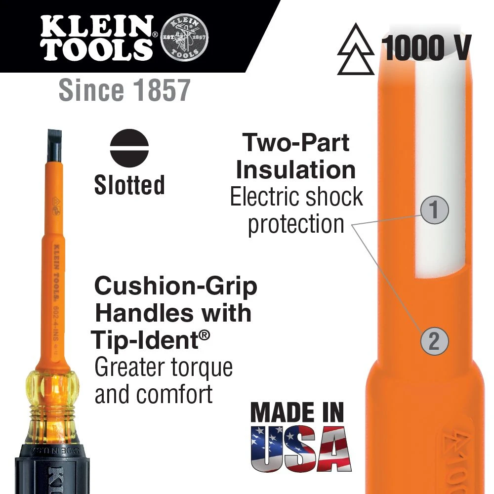 Klein Tools 7.9mm X 314mm Insulated Cabinet Tip Screwdriver - 602-7-INS 2 Klein Tools 7.9mm X 314mm Insulated Cabinet Tip Screwdriver - 602-7-INS - Image 2
